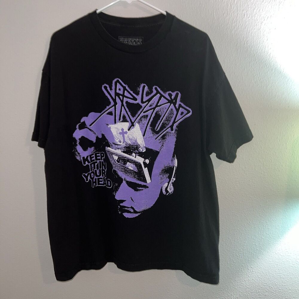 Krypto World KEEP IT IN YOUR HEAD Black Graphic TShirt‎ Size XL Purple Goth 90s